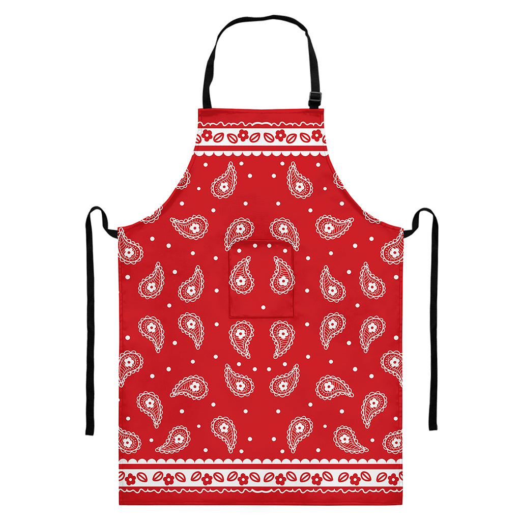 Red And White Paisley Bandana Print Bib Apron With Pocket