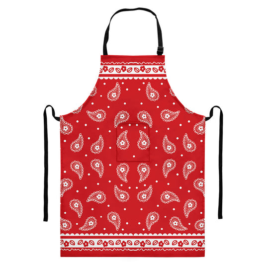 Red And White Paisley Bandana Print Bib Apron With Pocket