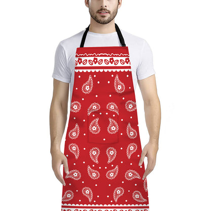 Red And White Paisley Bandana Print Bib Apron With Pocket