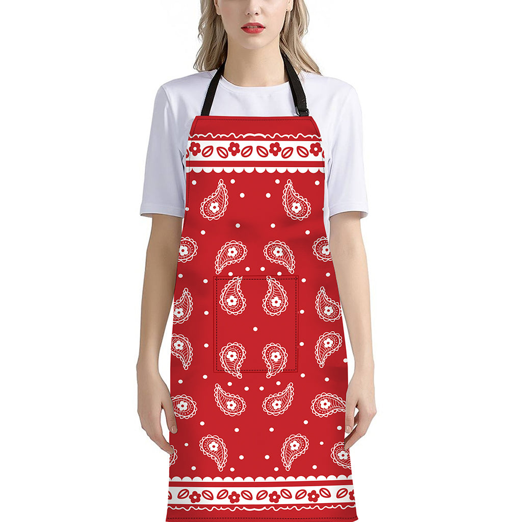 Red And White Paisley Bandana Print Bib Apron With Pocket