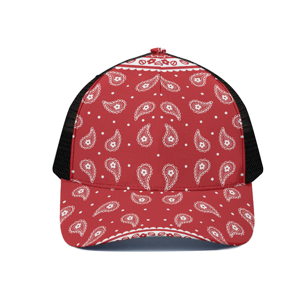 Red And White Paisley Bandana Print Black Mesh Trucker Cap