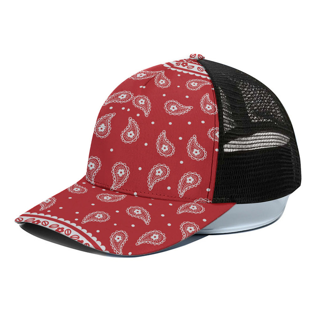 Red And White Paisley Bandana Print Black Mesh Trucker Cap