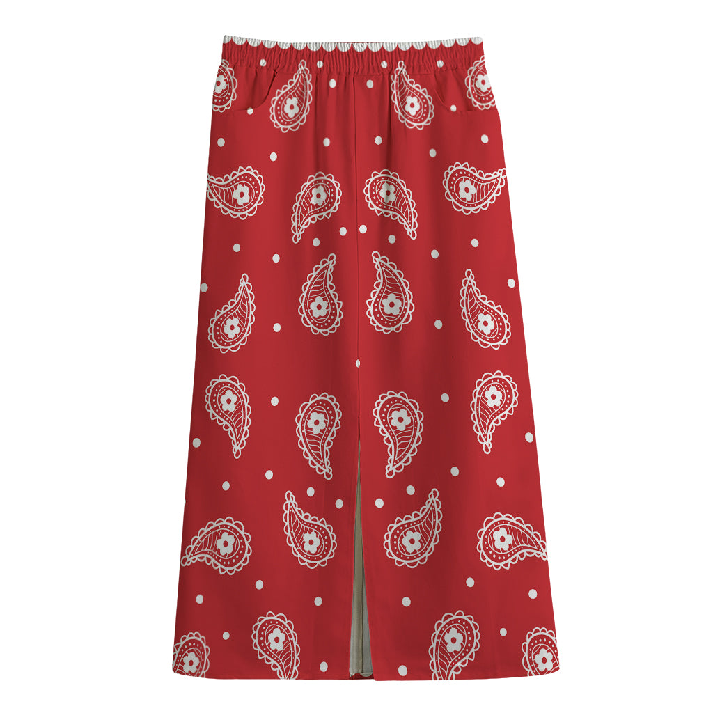 Red And White Paisley Bandana Print Cotton Front Slit Maxi Skirt