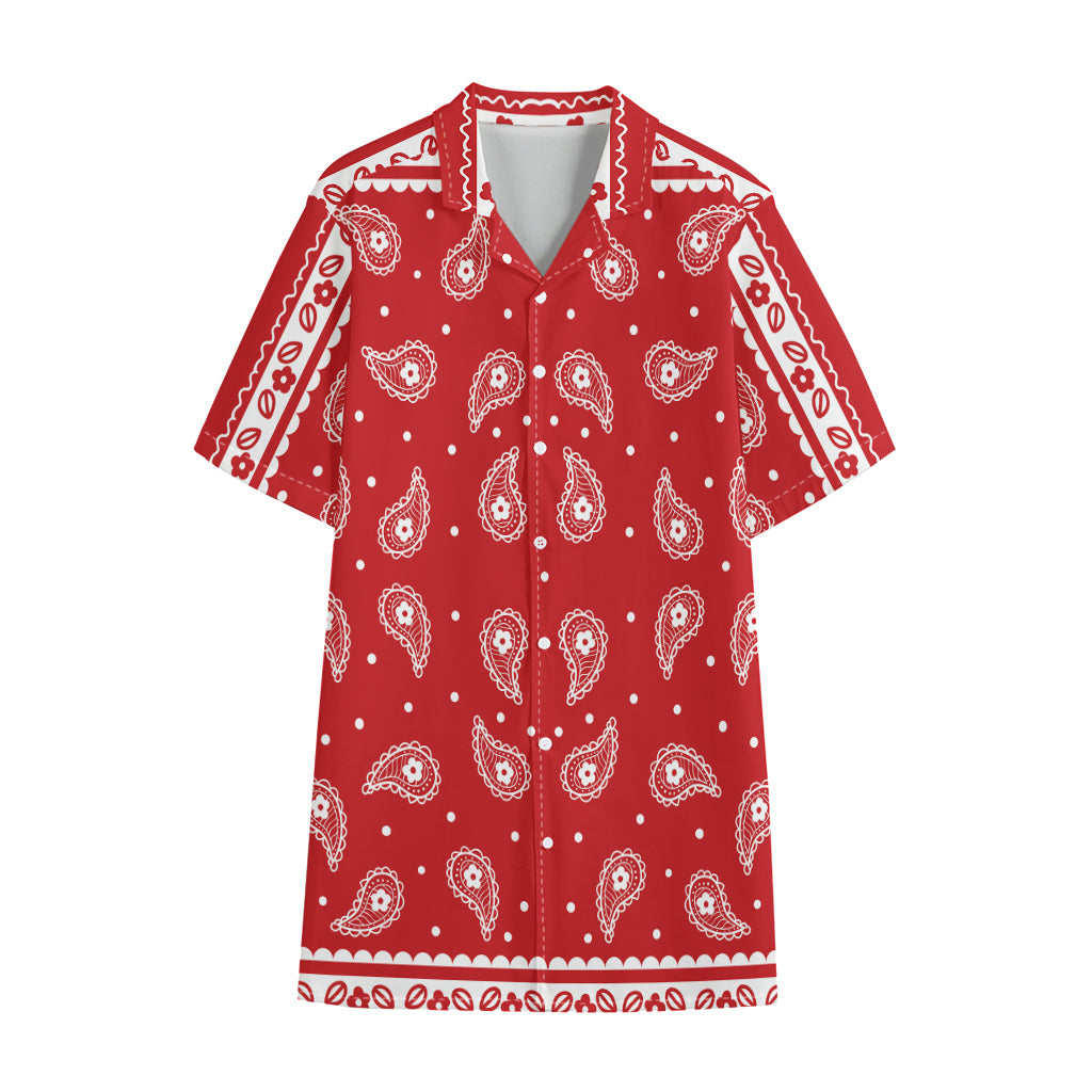 Red And White Paisley Bandana Print Cotton Hawaiian Shirt