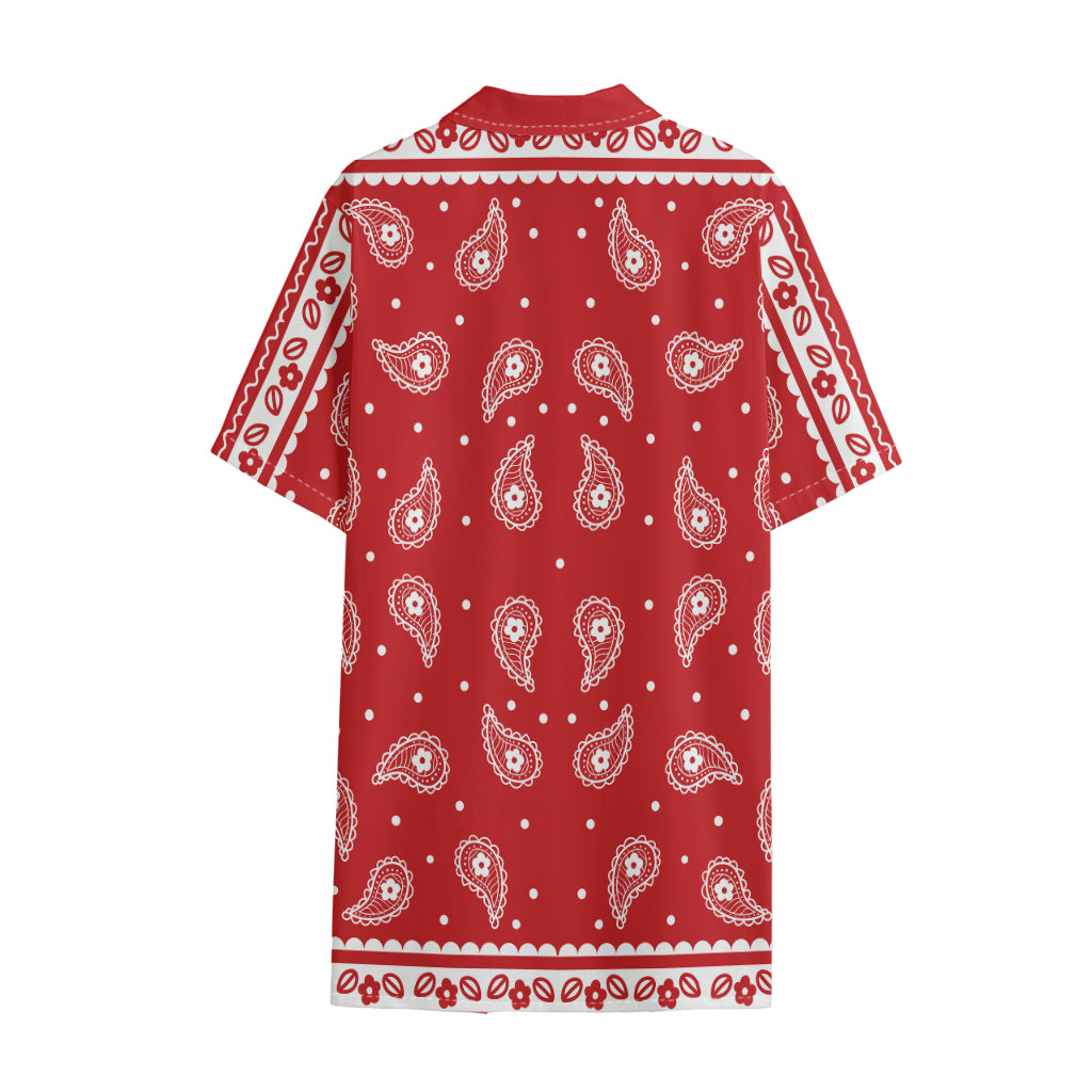 Red And White Paisley Bandana Print Cotton Hawaiian Shirt