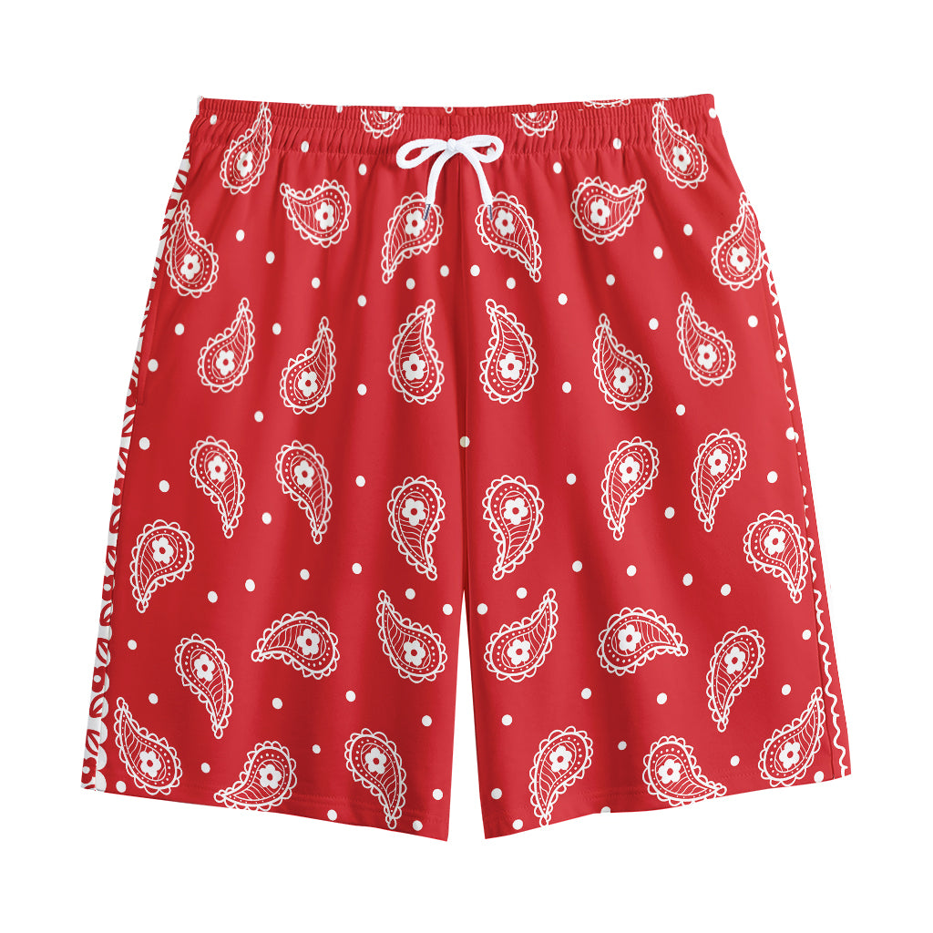 Red And White Paisley Bandana Print Cotton Shorts