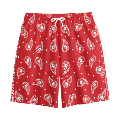 Red And White Paisley Bandana Print Cotton Shorts
