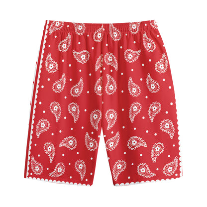 Red And White Paisley Bandana Print Cotton Shorts