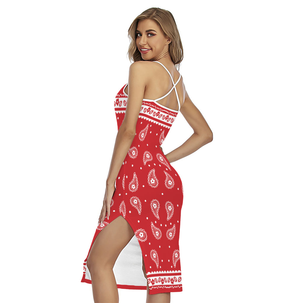 Red And White Paisley Bandana Print Cross Back Cami Dress