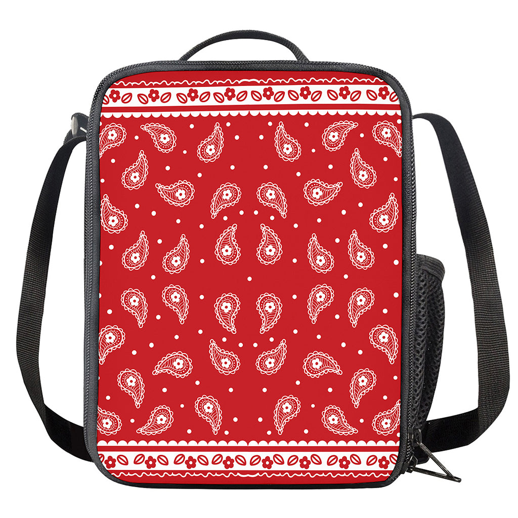 Red And White Paisley Bandana Print Crossbody Lunch Bag