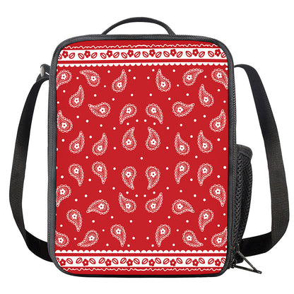 Red And White Paisley Bandana Print Crossbody Lunch Bag