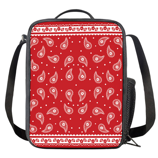 Red And White Paisley Bandana Print Crossbody Lunch Bag