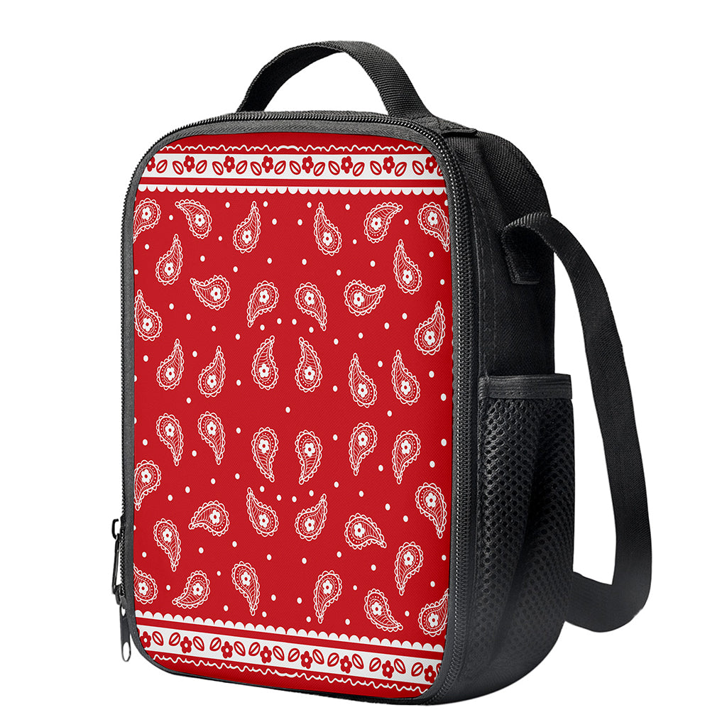 Red And White Paisley Bandana Print Crossbody Lunch Bag