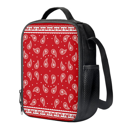 Red And White Paisley Bandana Print Crossbody Lunch Bag