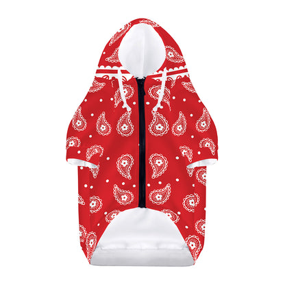 Red And White Paisley Bandana Print Dog Zip Up Hoodie