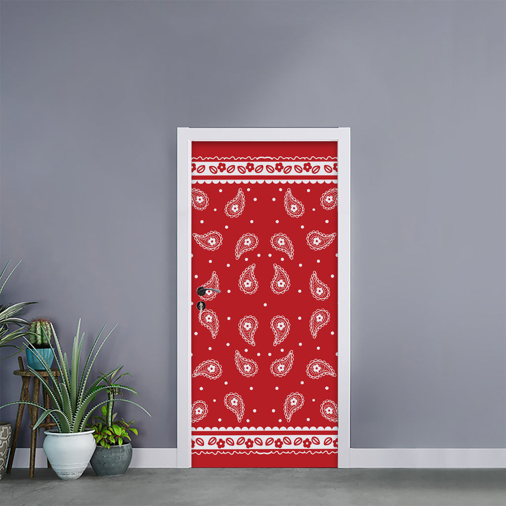 Red And White Paisley Bandana Print Door Sticker