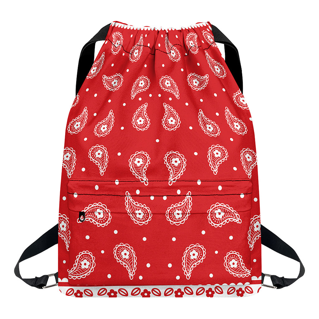 Red And White Paisley Bandana Print Drawstring Backpack