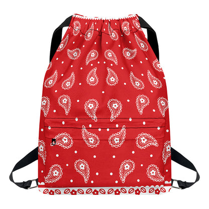 Red And White Paisley Bandana Print Drawstring Backpack