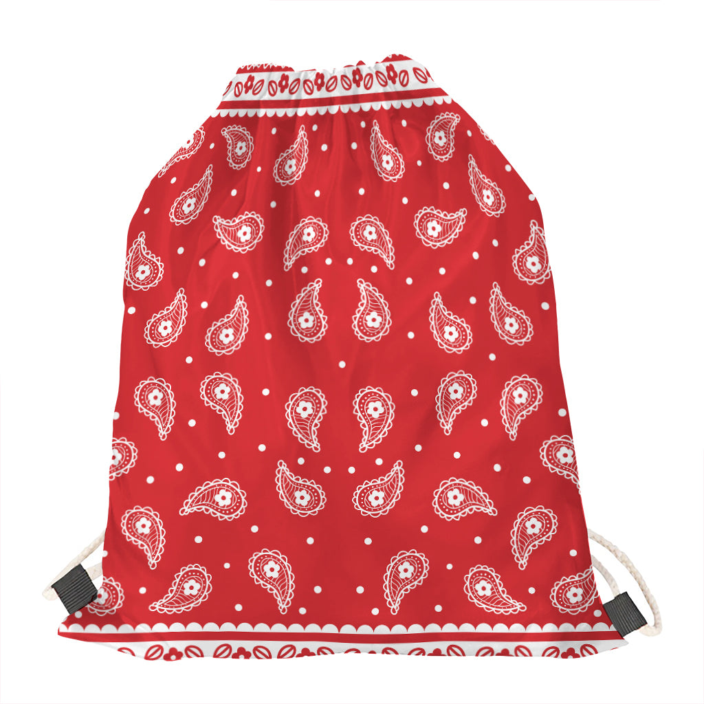 Red And White Paisley Bandana Print Drawstring Bag