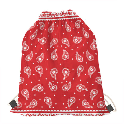 Red And White Paisley Bandana Print Drawstring Bag