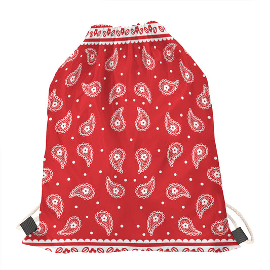 Red And White Paisley Bandana Print Drawstring Bag