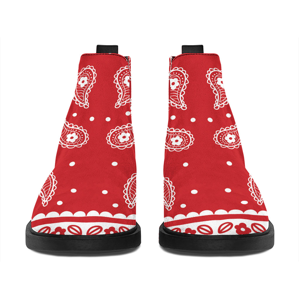 Red And White Paisley Bandana Print Flat Ankle Boots