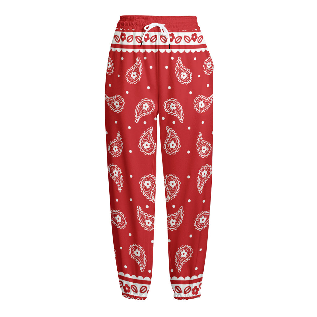 Red And White Paisley Bandana Print Fleece Lined Knit Pants