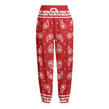 Red And White Paisley Bandana Print Fleece Lined Knit Pants