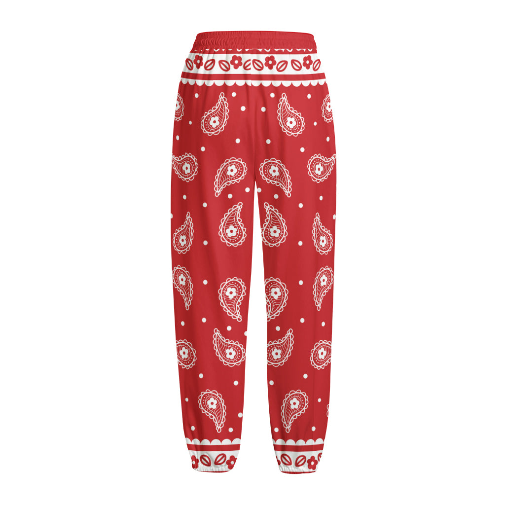 Red And White Paisley Bandana Print Fleece Lined Knit Pants
