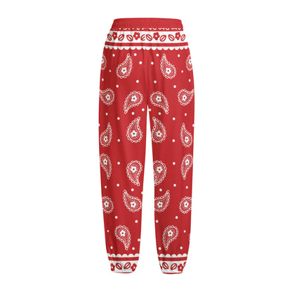 Red And White Paisley Bandana Print Fleece Lined Knit Pants