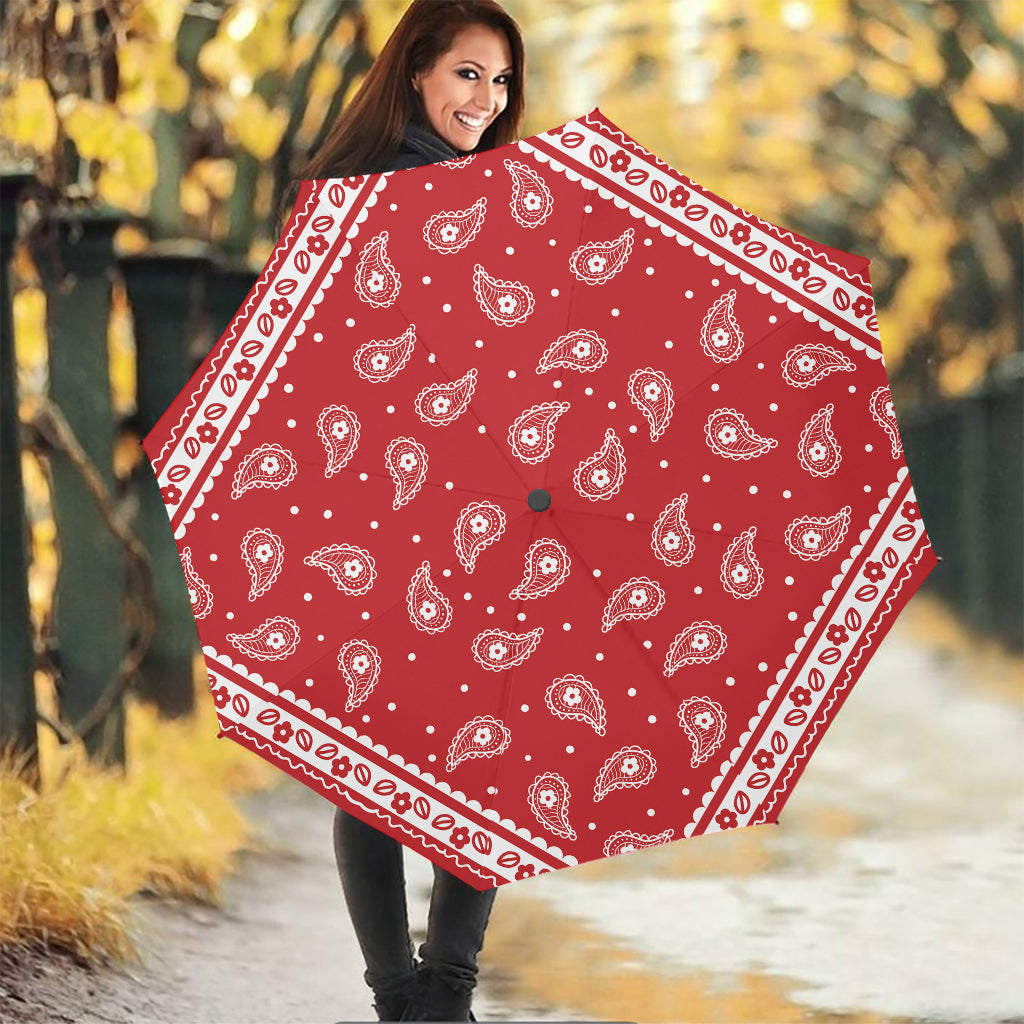 Red And White Paisley Bandana Print Foldable Umbrella