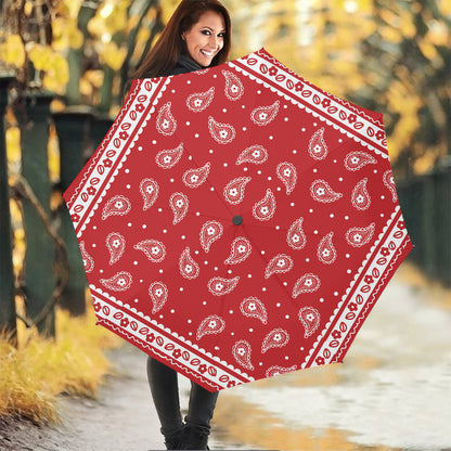Red And White Paisley Bandana Print Foldable Umbrella
