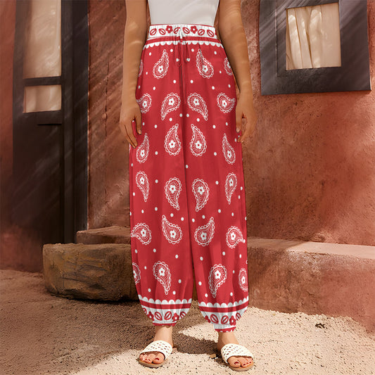 Red And White Paisley Bandana Print Harem Pants