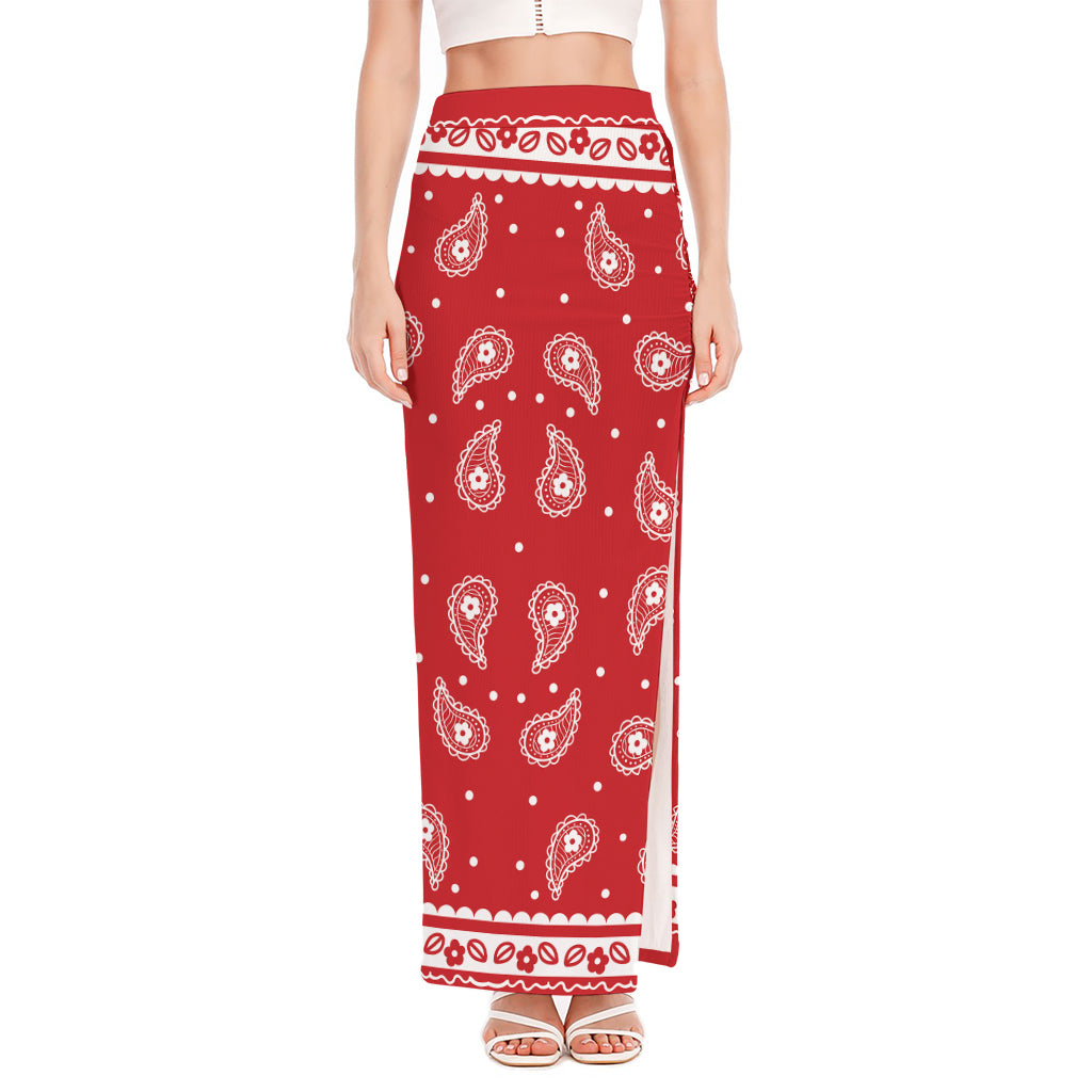 Red And White Paisley Bandana Print High Slit Maxi Skirt