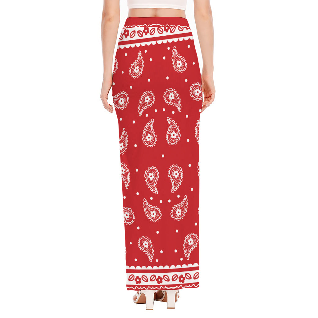 Red And White Paisley Bandana Print High Slit Maxi Skirt