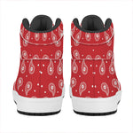 Red And White Paisley Bandana Print High Top Leather Sneakers