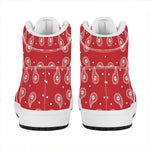 Red And White Paisley Bandana Print High Top Leather Sneakers