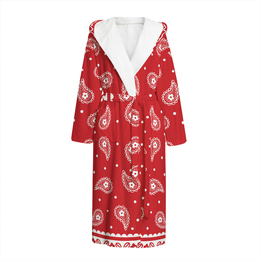Red And White Paisley Bandana Print Hooded Bathrobe