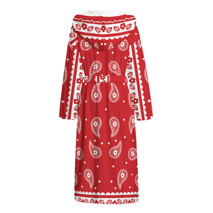 Red And White Paisley Bandana Print Hooded Bathrobe