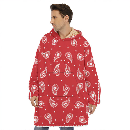 Red And White Paisley Bandana Print Hoodie Blanket