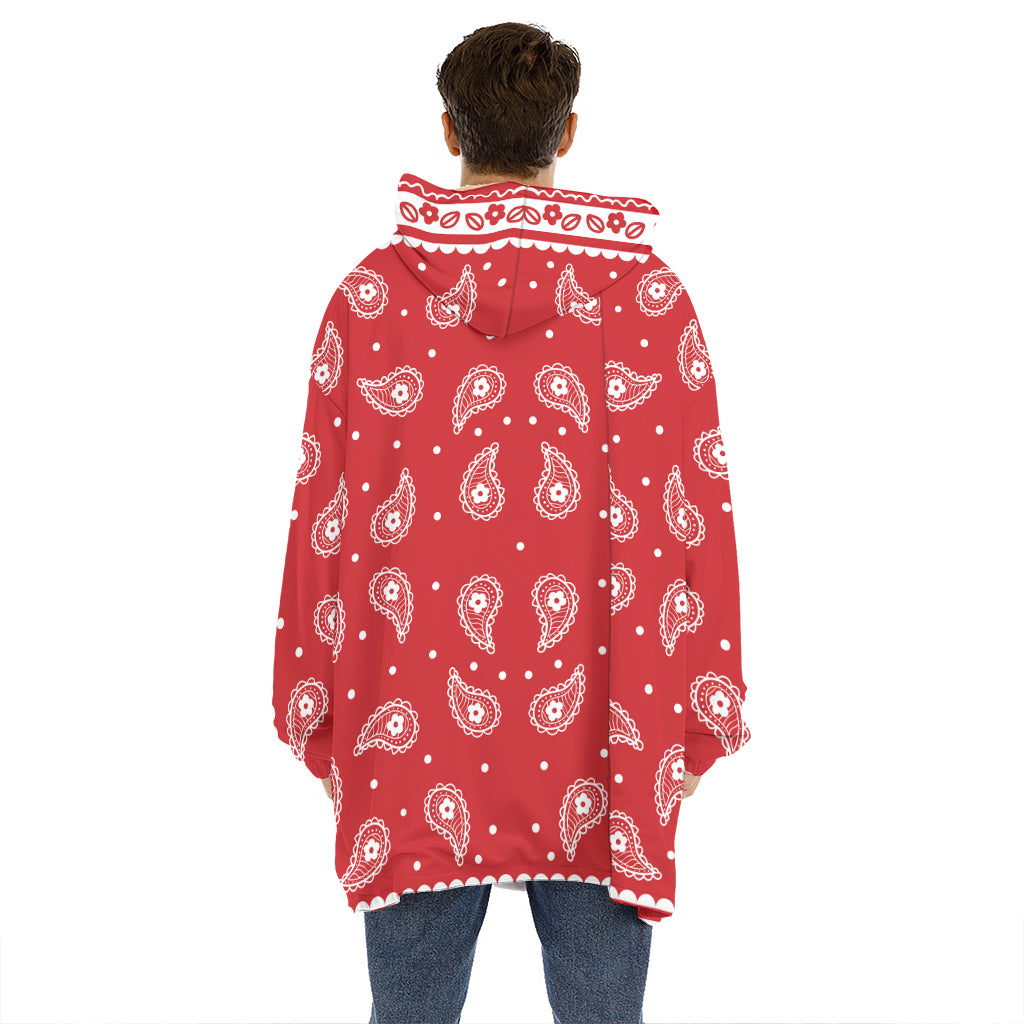 Red And White Paisley Bandana Print Hoodie Blanket