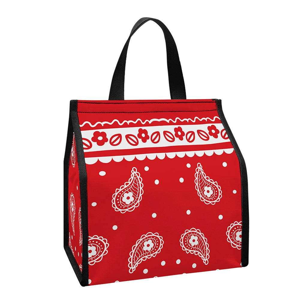 Red And White Paisley Bandana Print Insulated Lunch Tote