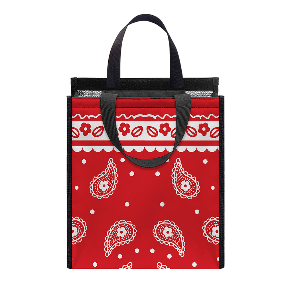 Red And White Paisley Bandana Print Insulated Lunch Tote