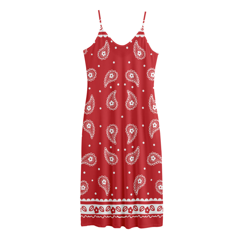 Red And White Paisley Bandana Print Jersey Midi Cami Dress