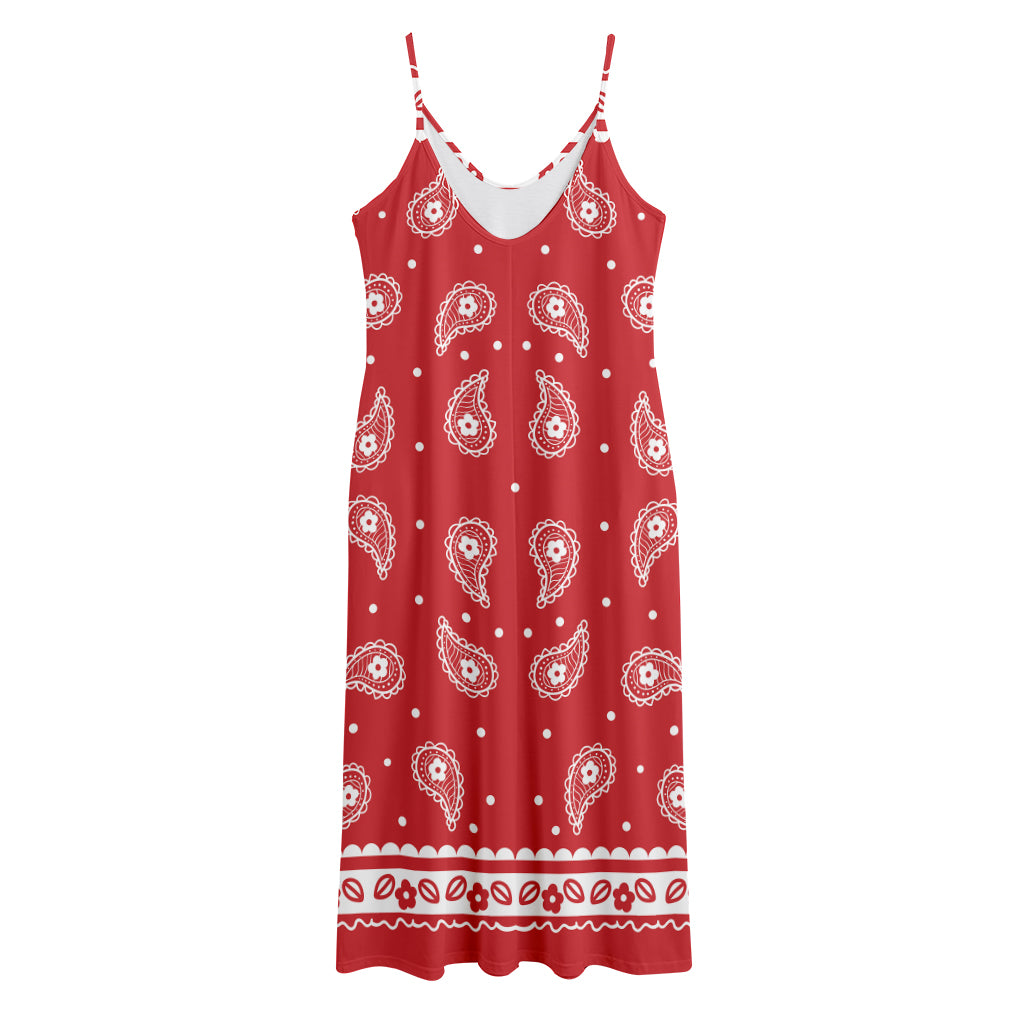 Red And White Paisley Bandana Print Jersey Midi Cami Dress
