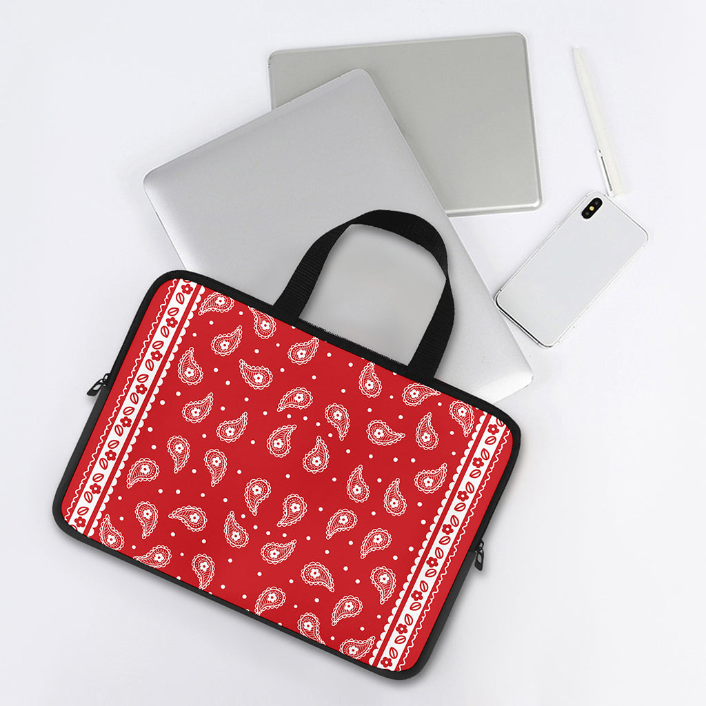 Red And White Paisley Bandana Print Laptop Sleeve With Handle