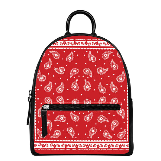 Red And White Paisley Bandana Print Leather Backpack