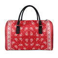 Red And White Paisley Bandana Print Leather Duffel Bag