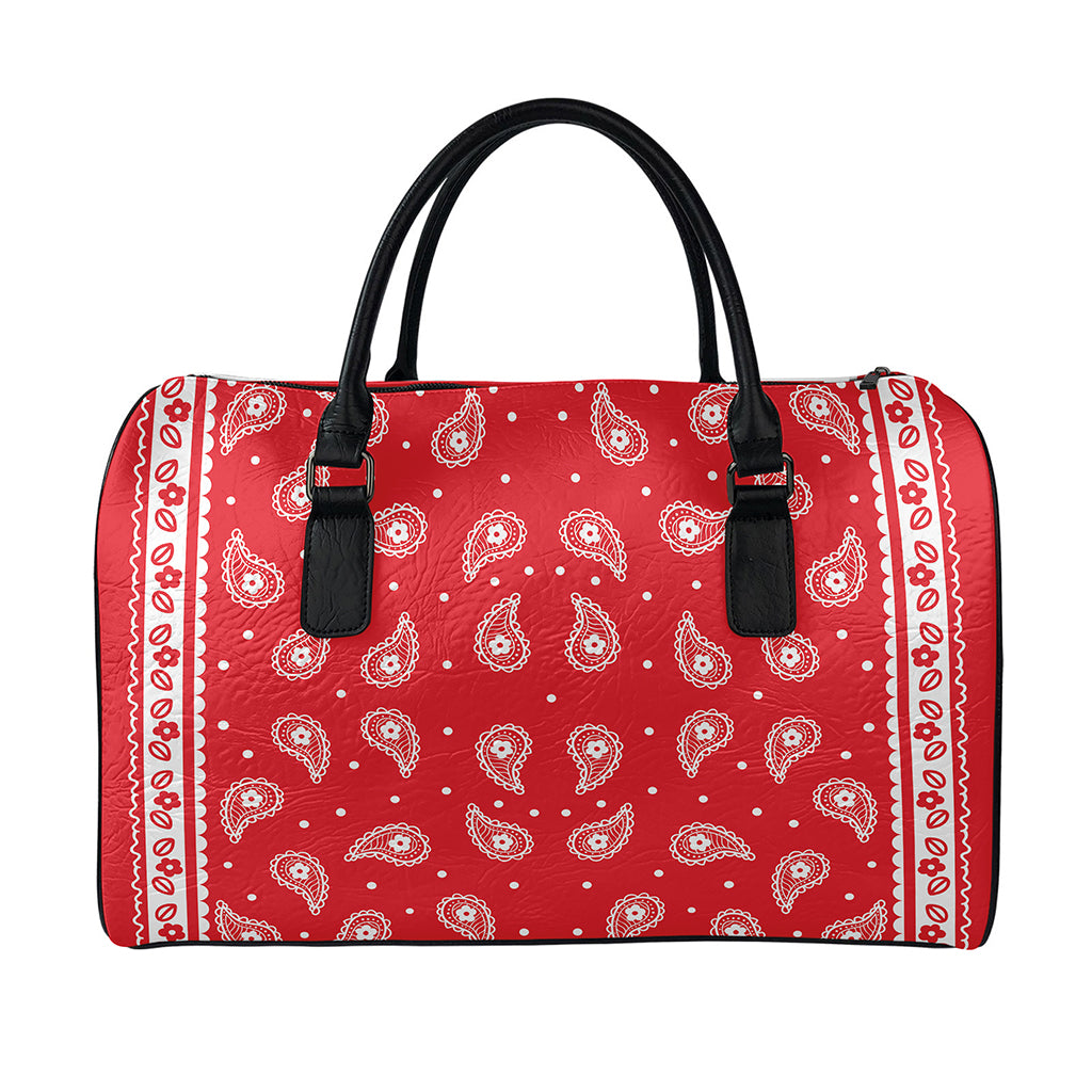 Red And White Paisley Bandana Print Leather Duffle Bag