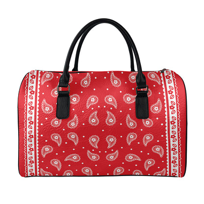 Red And White Paisley Bandana Print Leather Duffle Bag